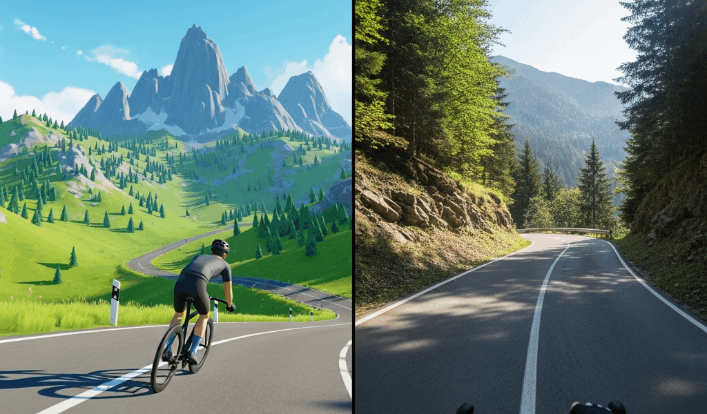 split screen showing animated virtual cycling world on one s 20260331 084306
