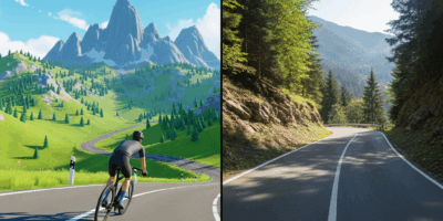 split screen showing animated virtual cycling world on one s 20260331 084306