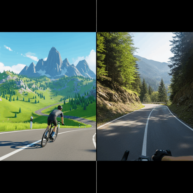 split screen showing animated virtual cycling world on one s 20260331 084306