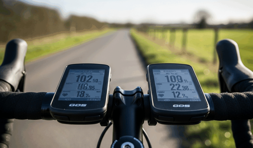 two cycling gps computers mounted side by side on road bike 20260331 084233