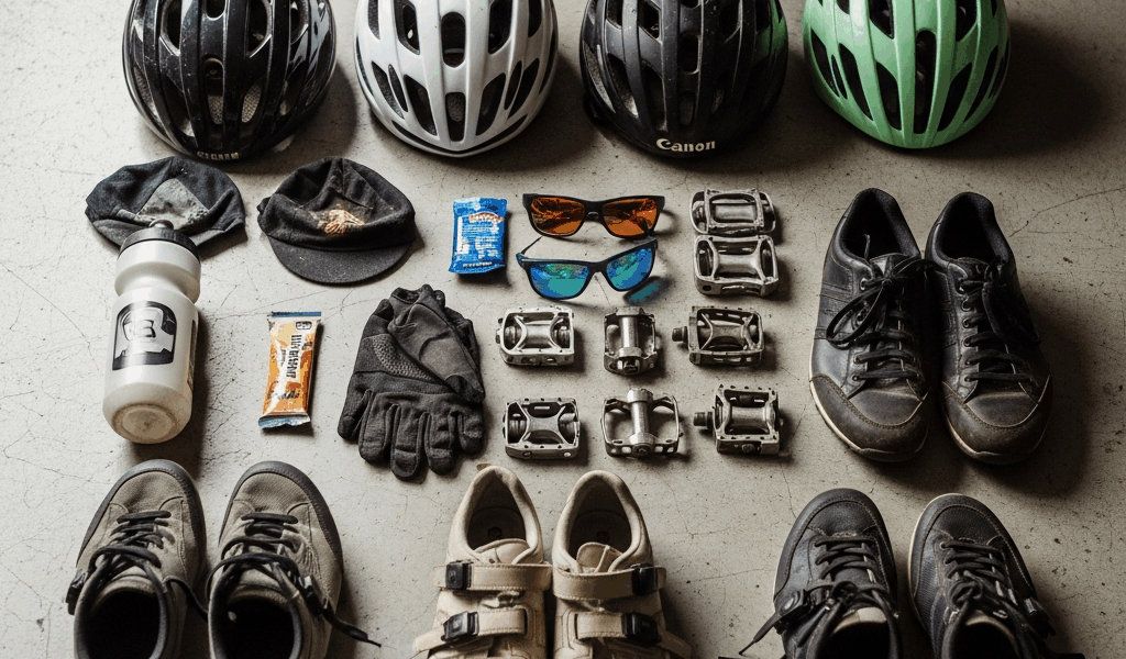 cycling gear collection helmets shoes pedals flat lay