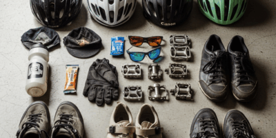 cycling gear collection helmets shoes pedals flat lay