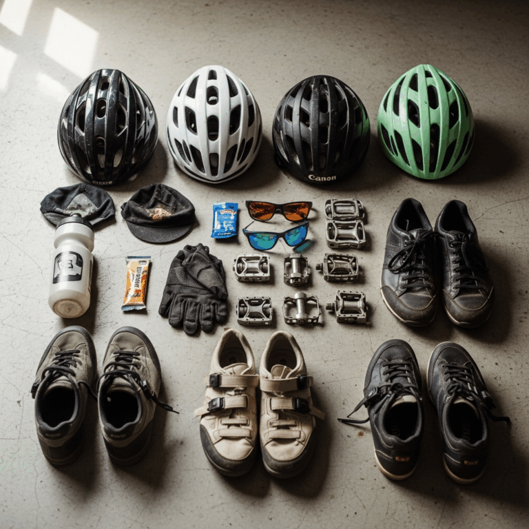 cycling gear collection helmets shoes pedals flat lay
